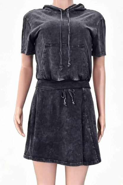 Mineral Wash Short Sleeve Hoodie & Skater Skirt Set Lavish Daily