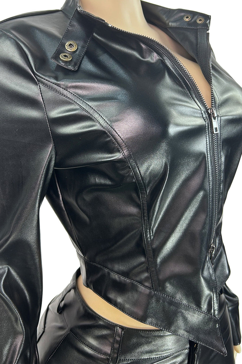 Leather Stand Collar Zip Jacket and Shorts Set Lavish Daily