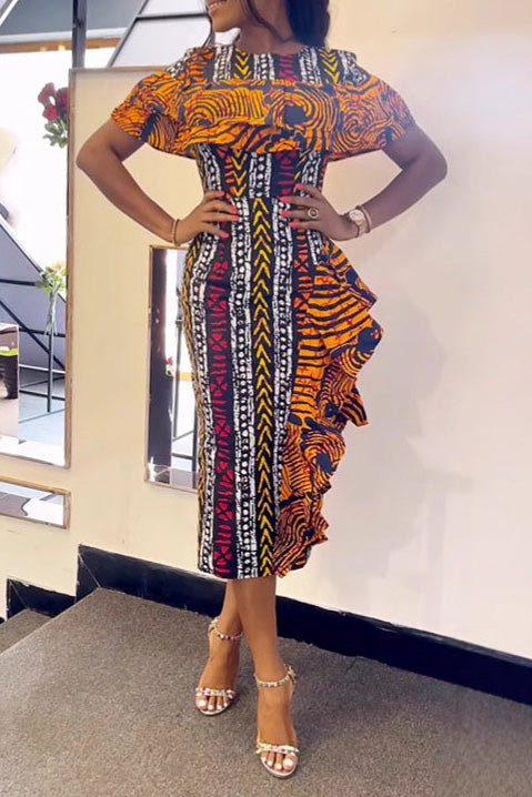 Print Contrast Ruffle Back-Vent Dress Lavish Daily