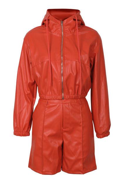 Faux Leather Hooded & Shorts Set Lavish Daily