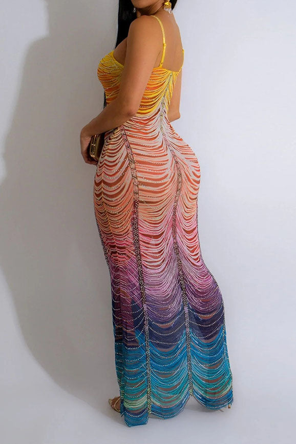 Rainbow Sleeveless Rhinestone Embellished Maxi Dress Lavish Daily