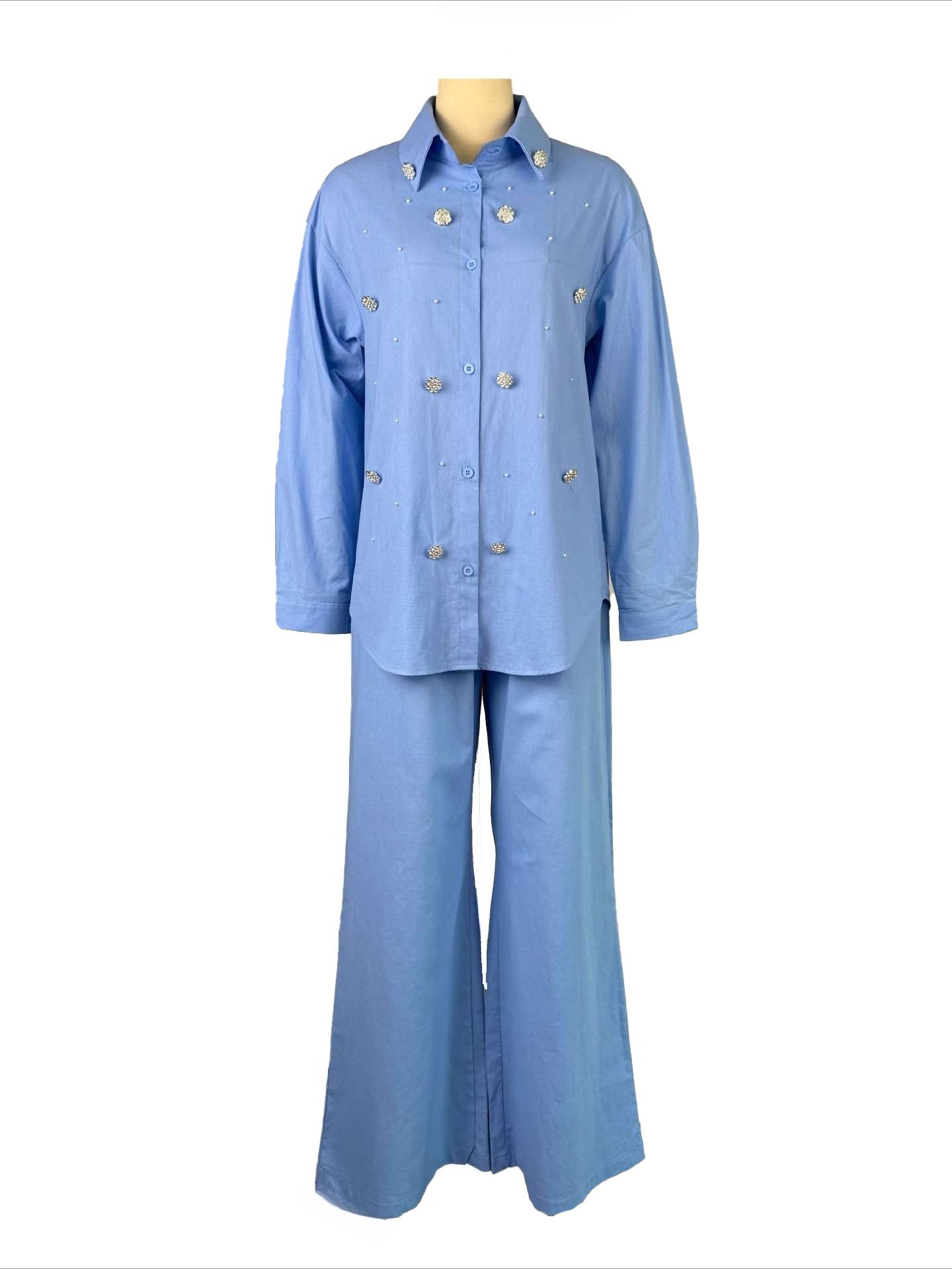 Beaded Collared Shirt & High-Waist Pants Set Lavish Daily