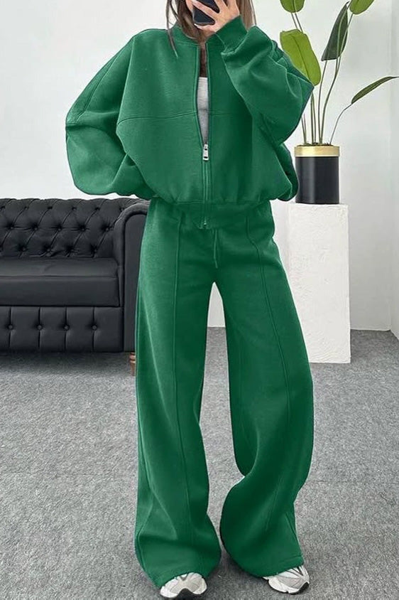 Baseball Collar Full Zip Drawstring Pants Set Lavish Daily