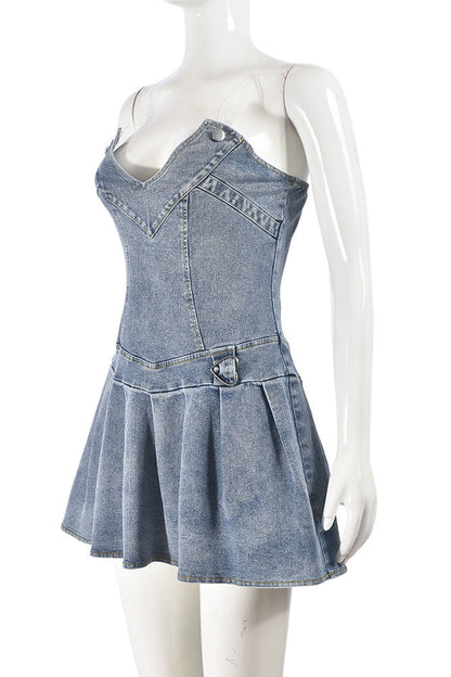 V Neck Pleated Denim Dress Lavish Daily