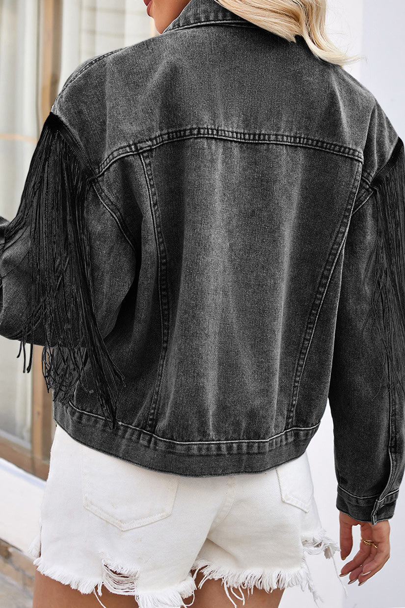 Washed Tassel Long Sleeve Denim Jacket Lavish Daily