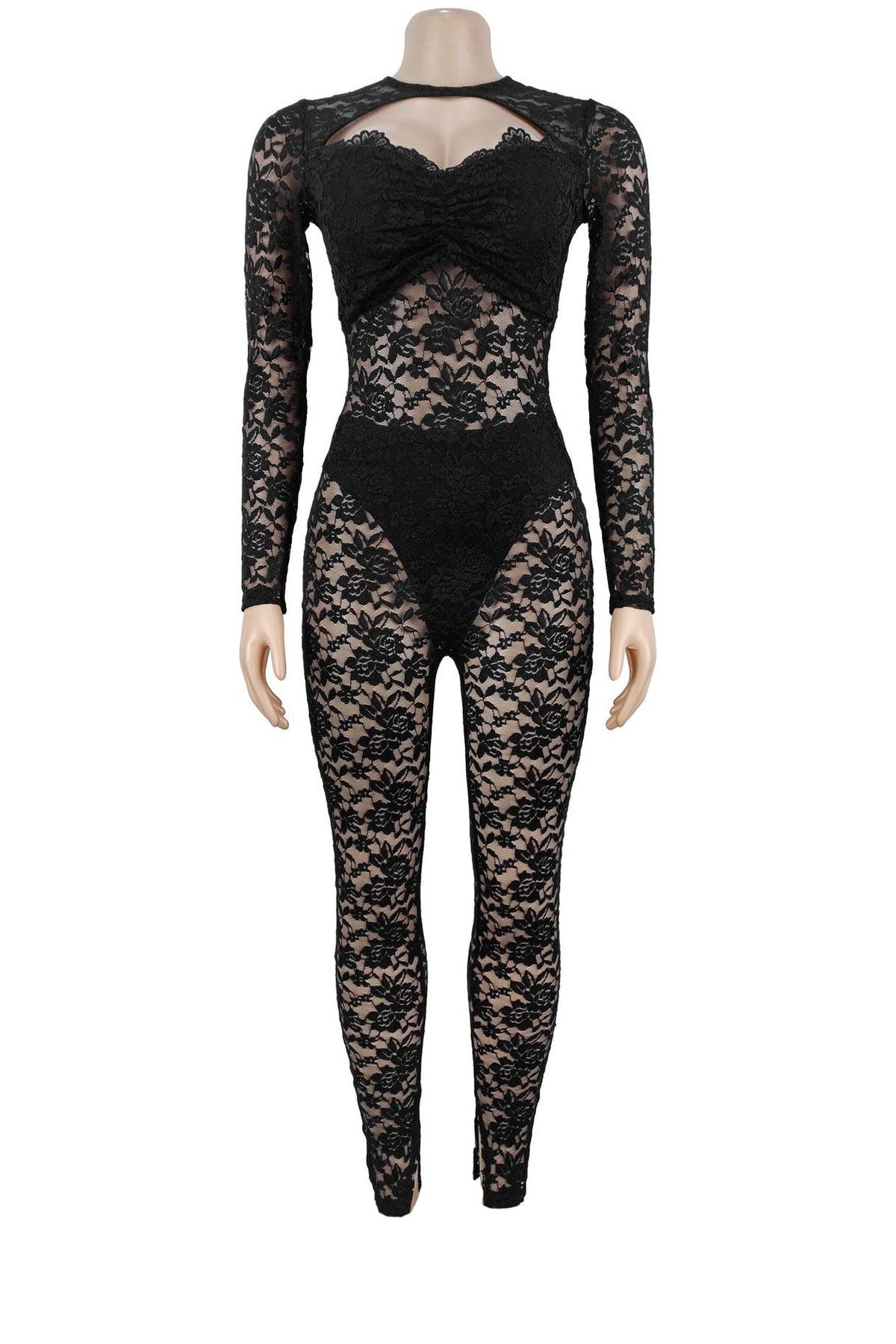 Sheer Lace Long-Sleeve Cutout Jumpsuit Lavish Daily