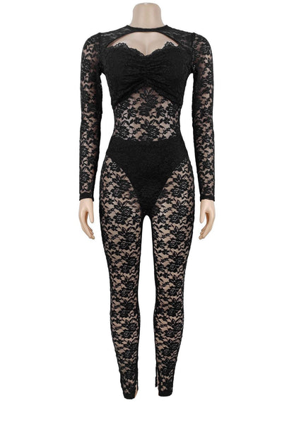 Sheer Lace Long-Sleeve Cutout Jumpsuit Lavish Daily