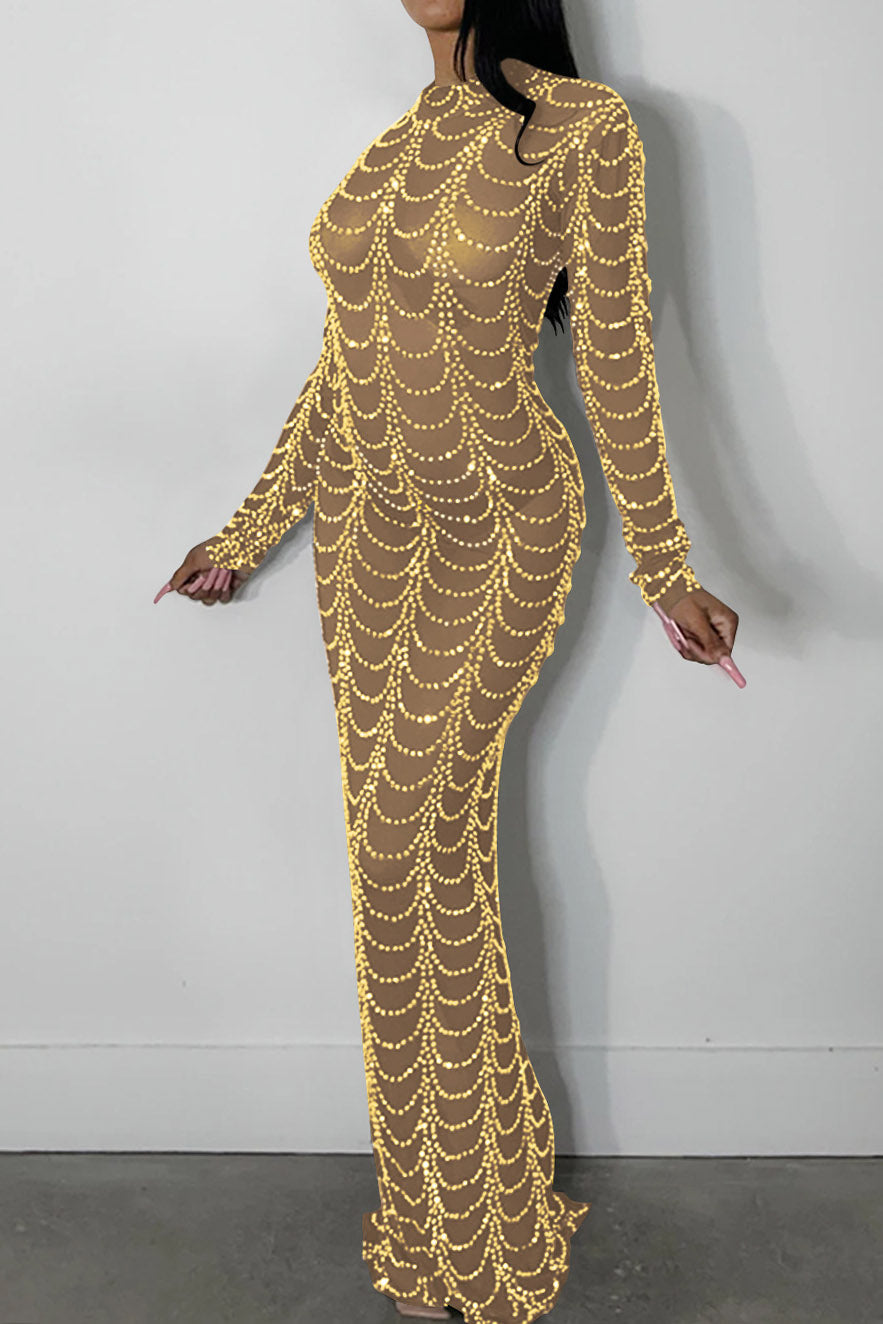 Rhinestone Long-Sleeve Sheer Maxi Dress Lavish Daily