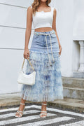 Floral Mesh Spliced Denim Midi Skirt Lavish Daily