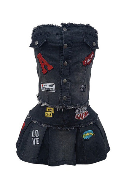 Denim Strapless Pleated Embroidered Skirt Set Lavish Daily