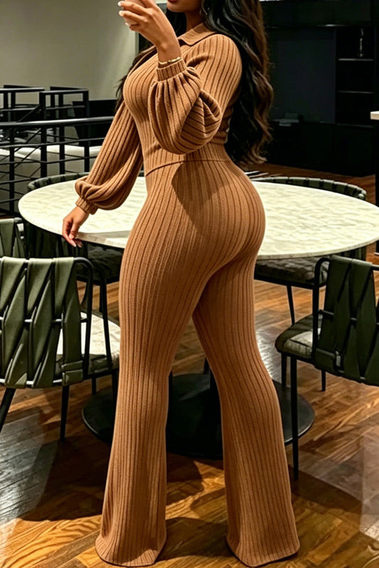 Ribbed Knit Collared Flare Pant 2-Piece Set Lavish Daily