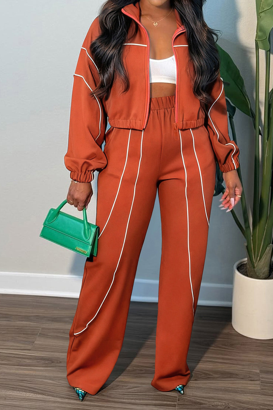 Contrast Piping Zip Pant Set Lavish Daily
