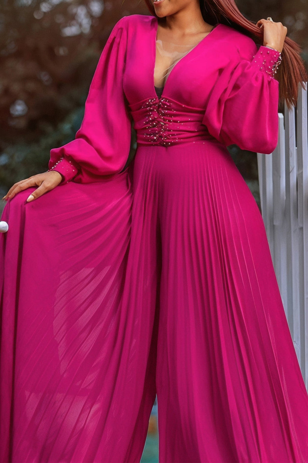 Plus Size Beaded Mesh Wide-Leg Jumpsuit Lavish Daily