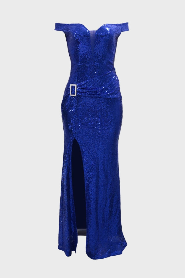 Off-the-Shoulder Sequins Prom Dress Long Slit Lavish Daily