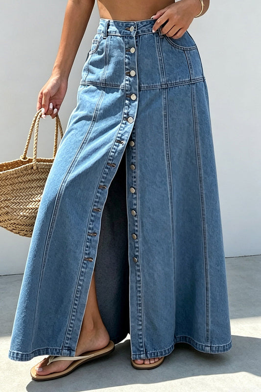 Button-Front A-Line Denim Maxi Skirt Lavish Daily