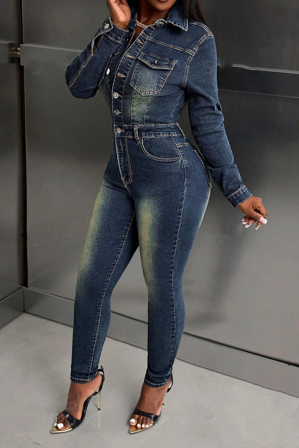 Stretch Denim Jumpsuit Long Sleeve Slim Fit Lavish Daily