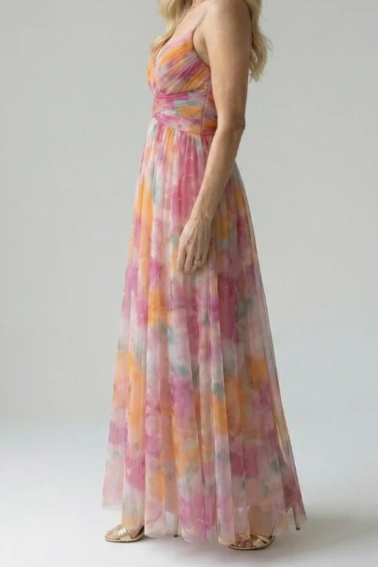 Abstract Chiffon Cutout Backless Maxi Dress LavishDaily
