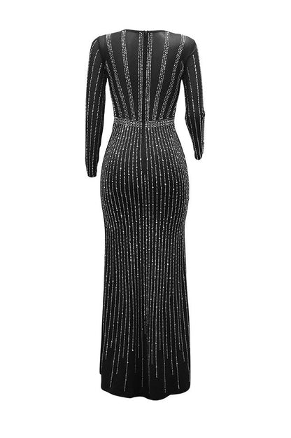 Rhinestone Mesh High Slit Maxi Dress Lavish Daily