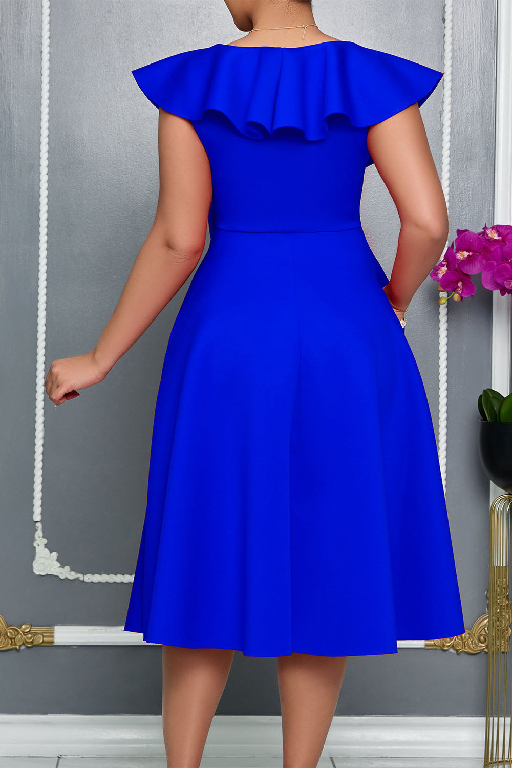 V-Neck Ruffled 3D Flower Detail Flare Midi Dress Lavish Daily