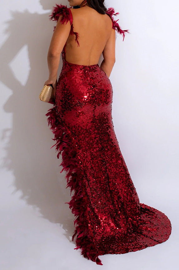 Feather Sequins Strap High Slit Dress Lavish Daily