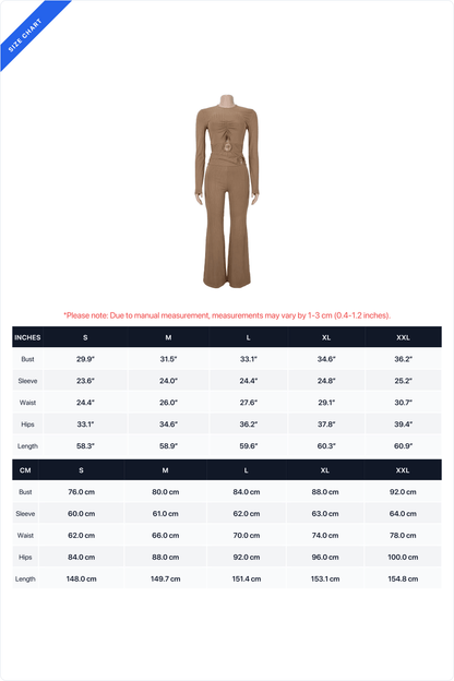 Ribbed Cutout Long-Sleeve Flared Jumpsuit Lavish Daily