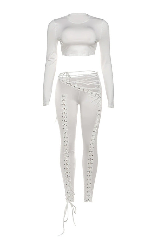 Long Sleeve Crop Top and Lace-Up Pants Set Lavish Daily