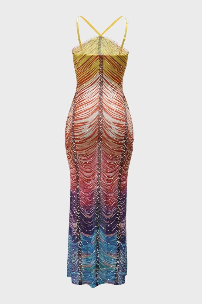 Rainbow Sleeveless Rhinestone Embellished Maxi Dress Lavish Daily