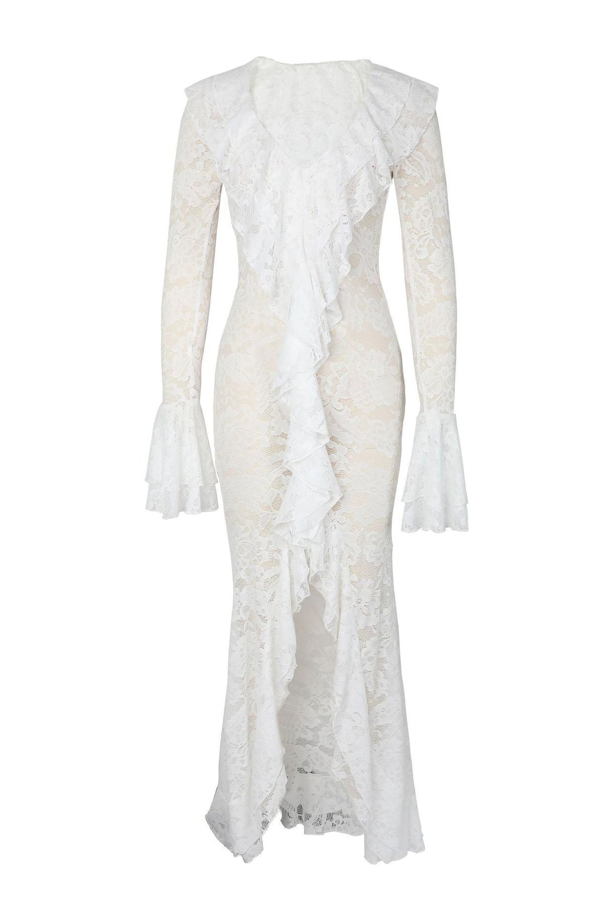 Sheer Lace Ruffled Slit Maxi Dress Lavish Daily