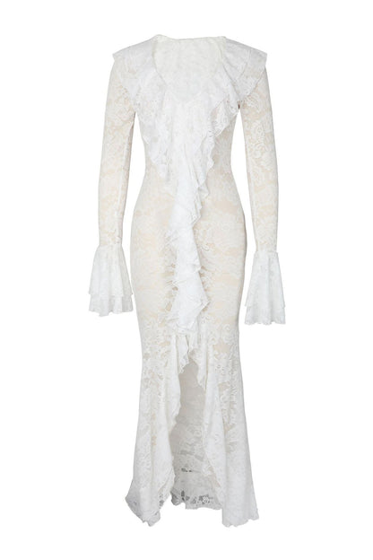 Sheer Lace Ruffled Slit Maxi Dress Lavish Daily