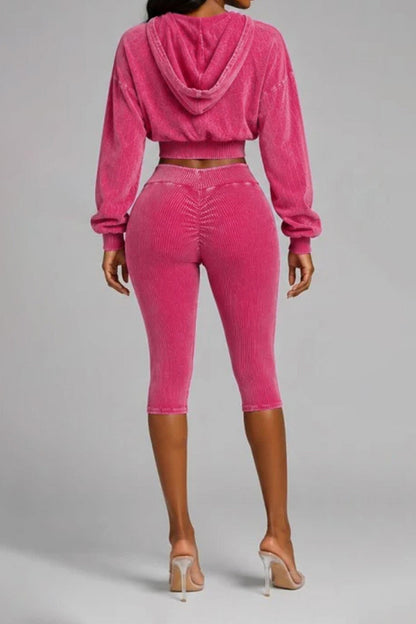 Washed Hoodie & Ribbed Capri Leggings Set Lavish Daily