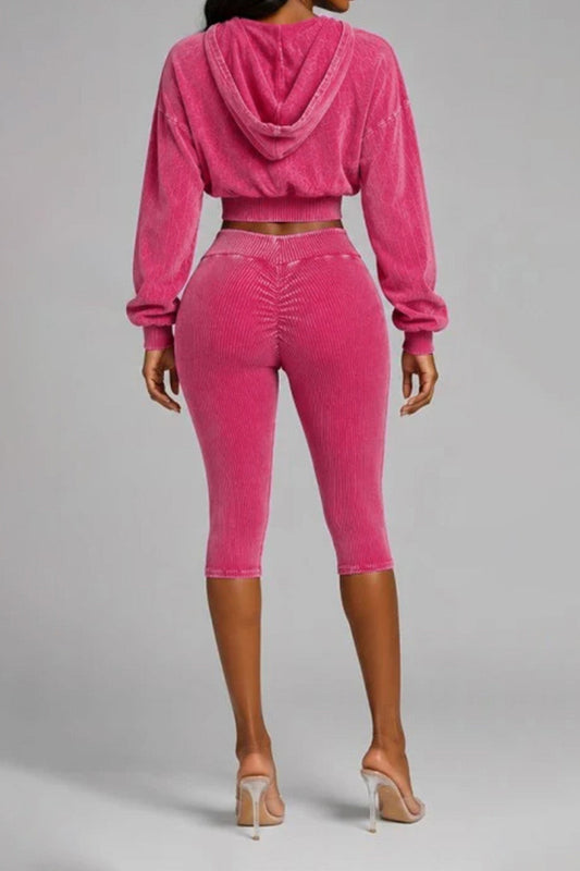 Washed Hoodie & Ribbed Capri Leggings Set Lavish Daily