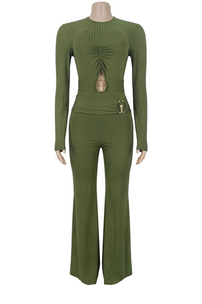 Ribbed Cutout Long-Sleeve Flared Jumpsuit Lavish Daily