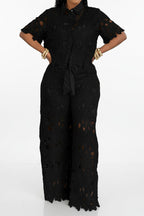 Lace Cutout Tie Waist Wide Leg Two Piece Set Lavish Daily
