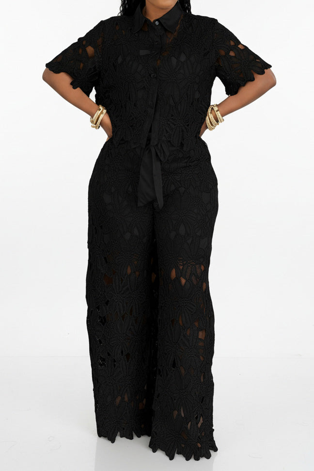 Lace Cutout Tie Waist Wide Leg Two Piece Set Lavish Daily