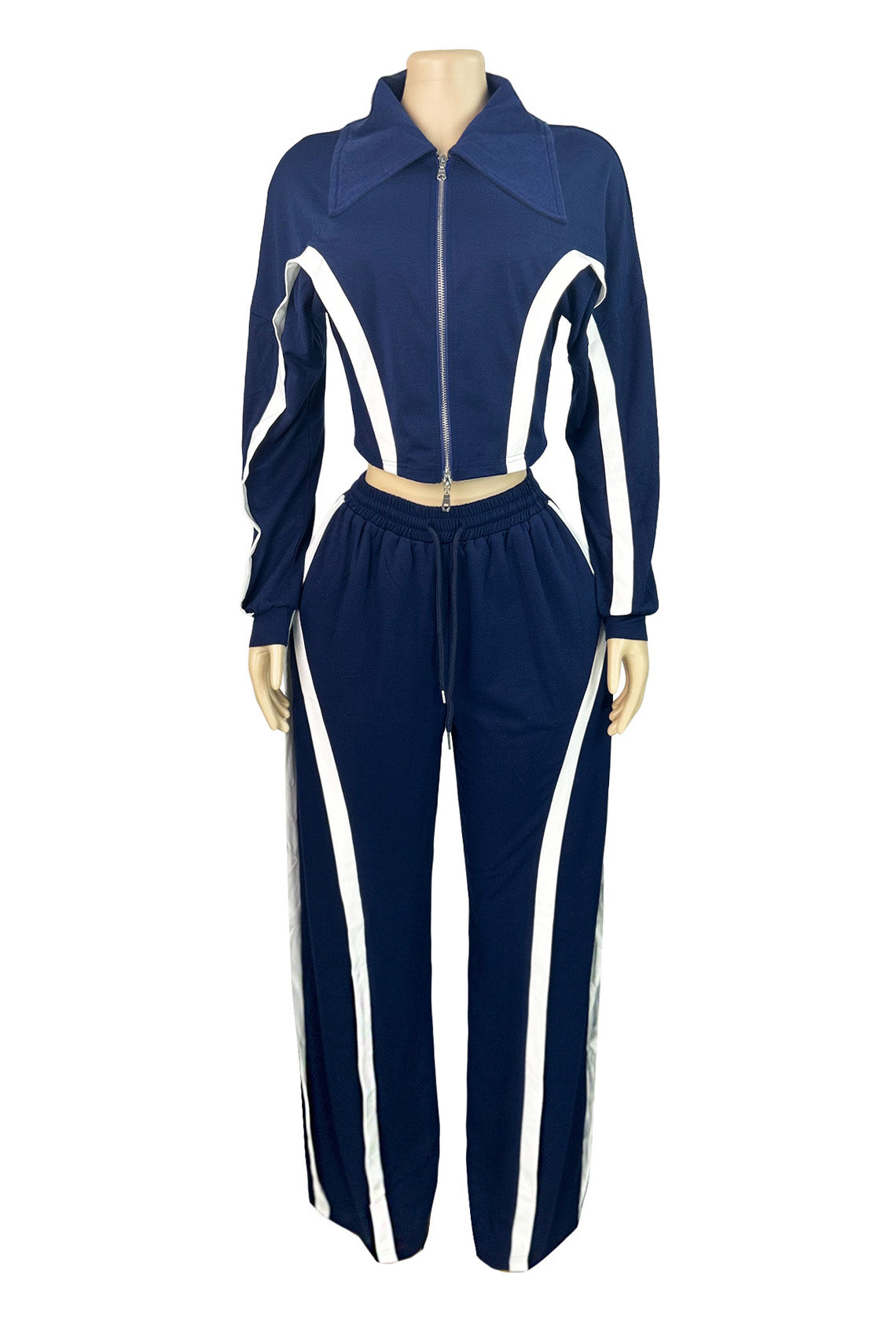 Striped Patchwork Zip-Up Top & Wide Leg Pants Set Lavish Daily