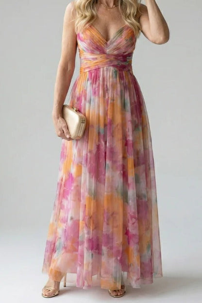 Abstract Chiffon Cutout Backless Maxi Dress LavishDaily
