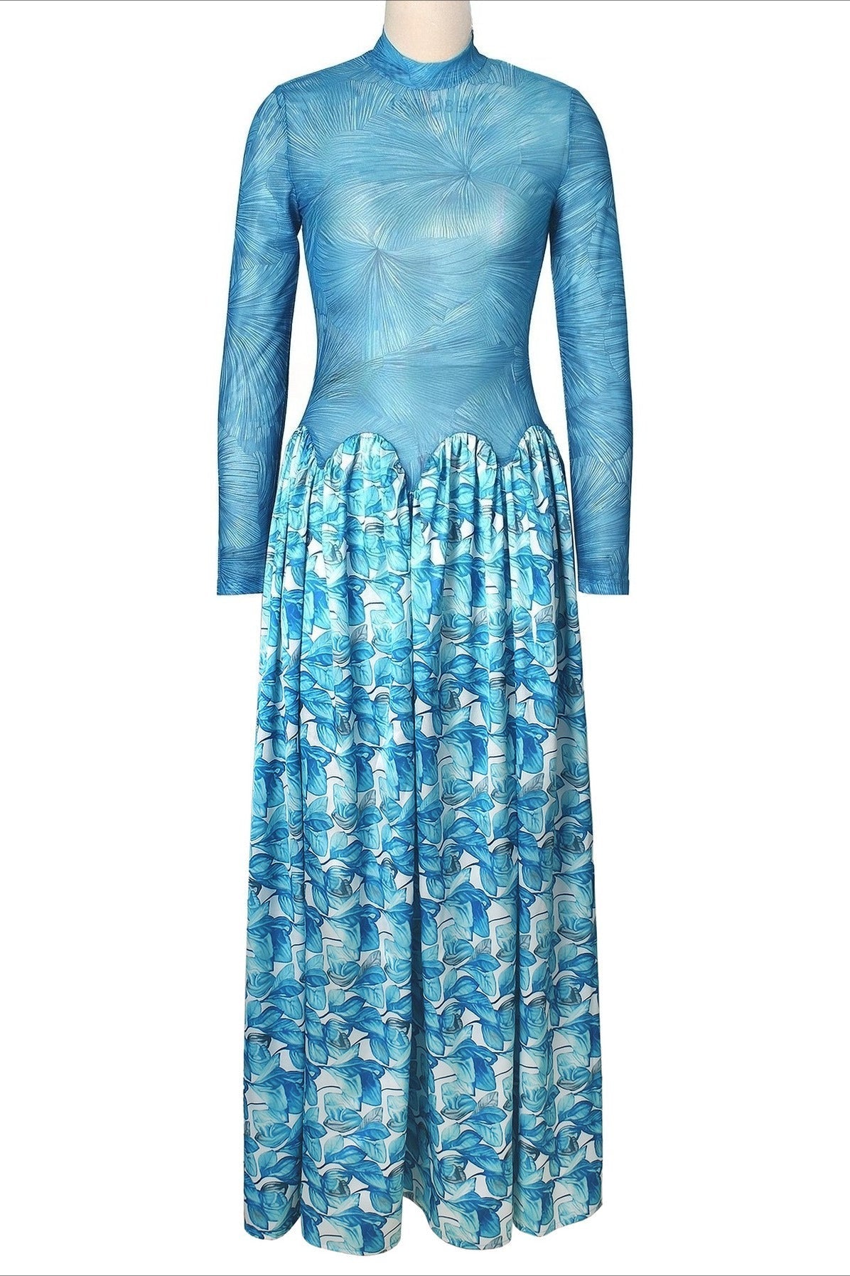Mock Neck Mesh Floral Maxi Dress Lavish Daily