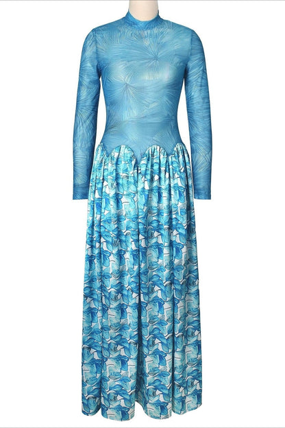 Mock Neck Mesh Floral Maxi Dress Lavish Daily