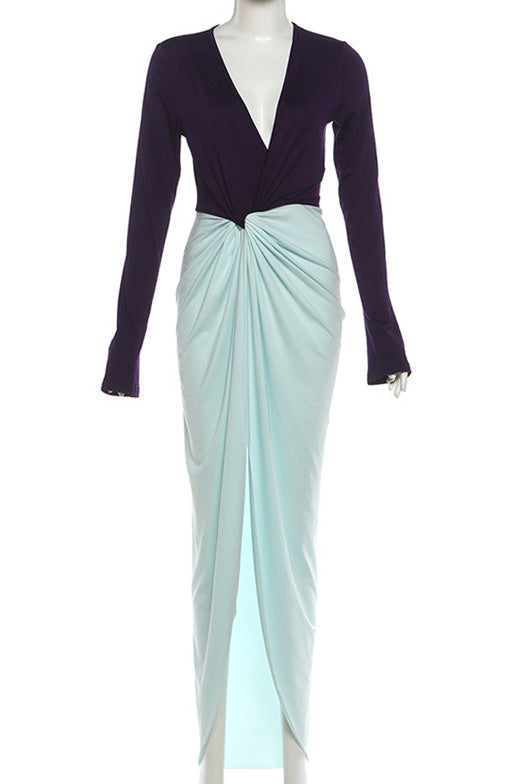 Deep V Neck Long Sleeve Slit Maxi Dress LavishDaily