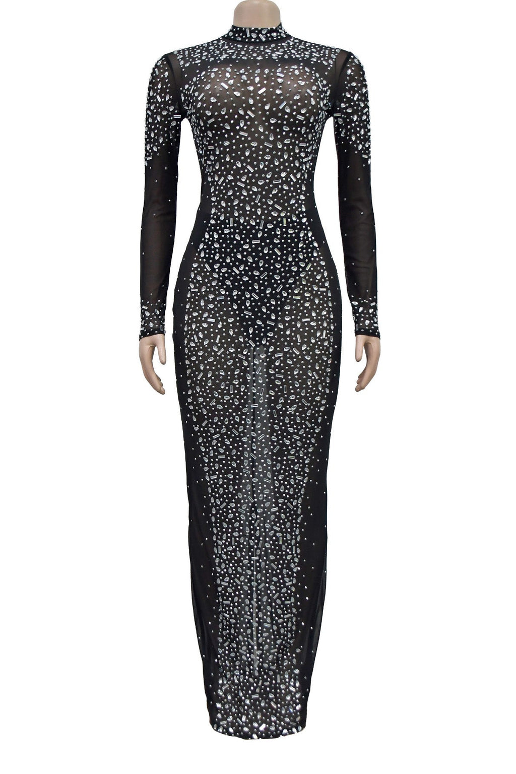 Mesh Rhinestone Long Sleeve Maxi Dress Lavish Daily