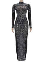 Mesh Rhinestone Long Sleeve Maxi Dress Lavish Daily