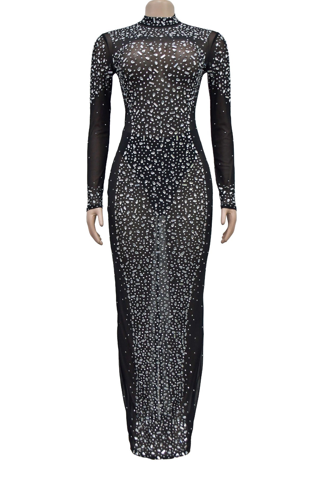 Mesh Rhinestone Long Sleeve Maxi Dress Lavish Daily