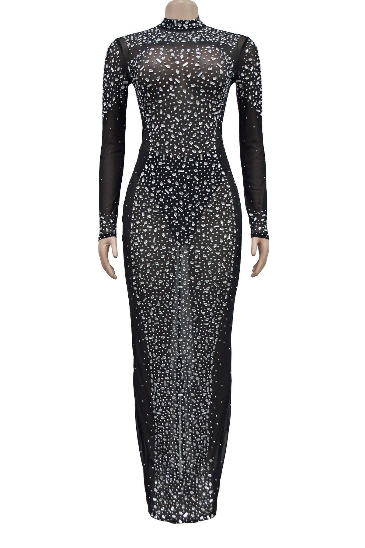 Mesh Rhinestone Long Sleeve Maxi Dress Lavish Daily
