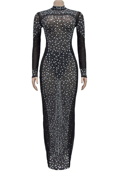 Mesh Rhinestone Long Sleeve Maxi Dress Lavish Daily