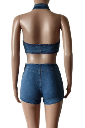 Halter Neck Denim Shorts Set Lavish Daily