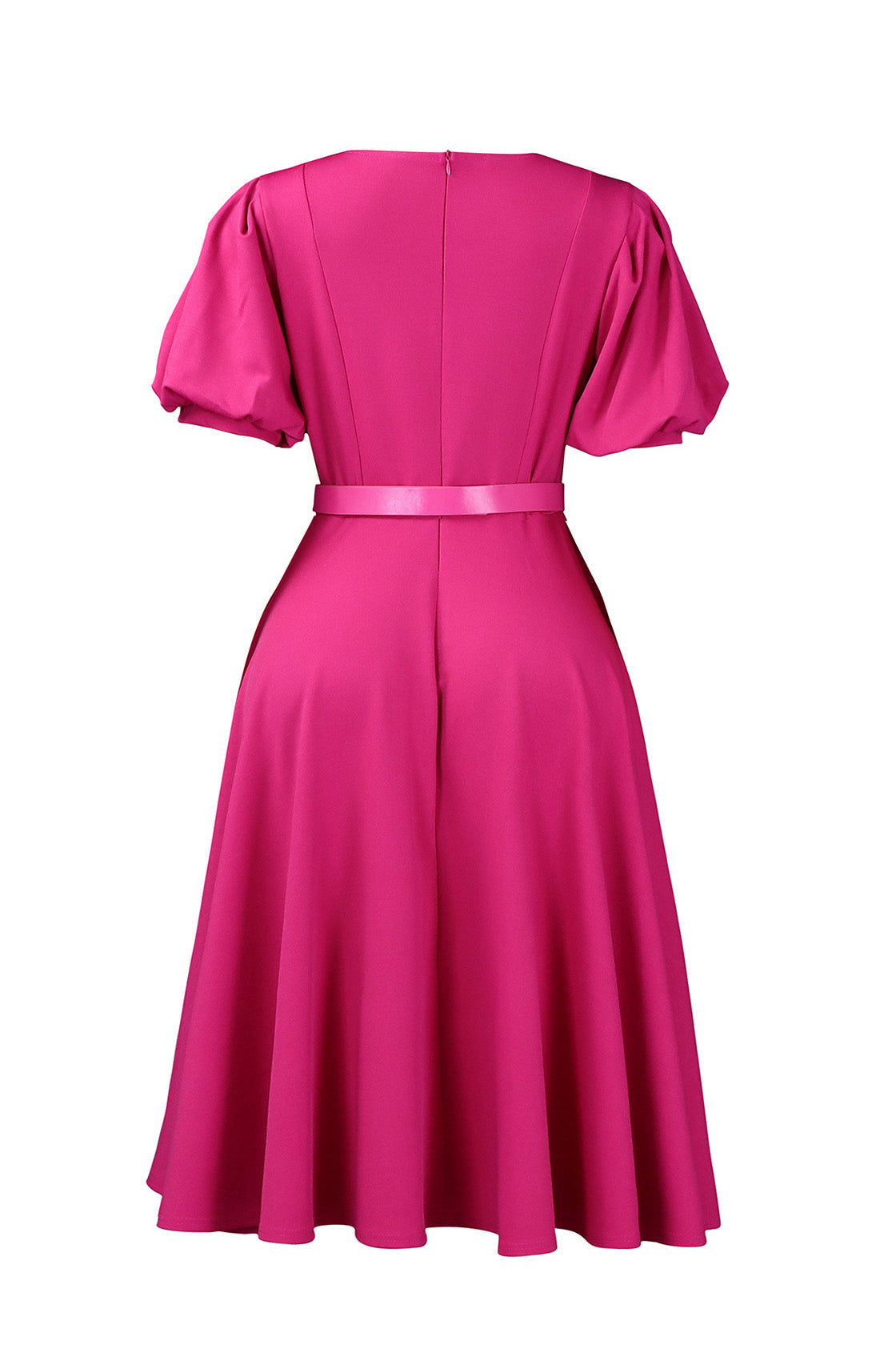 Puff Sleeve Belted A-Line Midi Dress with Pockets Lavish Daily