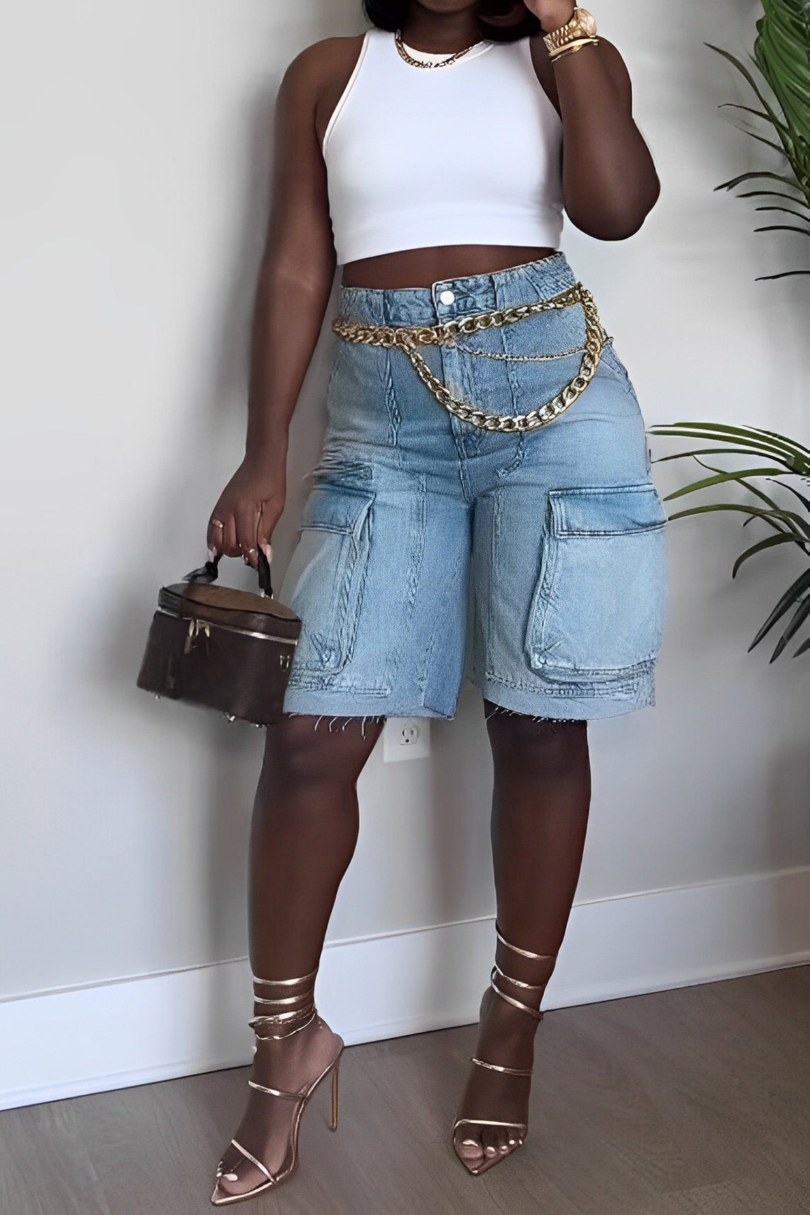 Vintage Wash Raw Hem Denim Cargo Jorts Lavish Daily