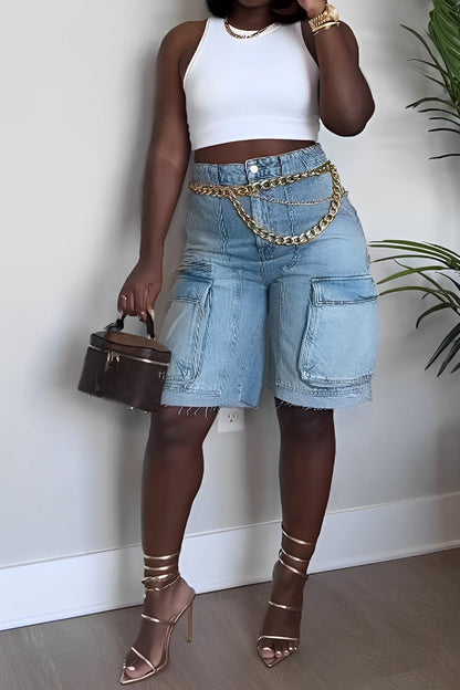 Vintage Wash Raw Hem Denim Cargo Jorts Lavish Daily