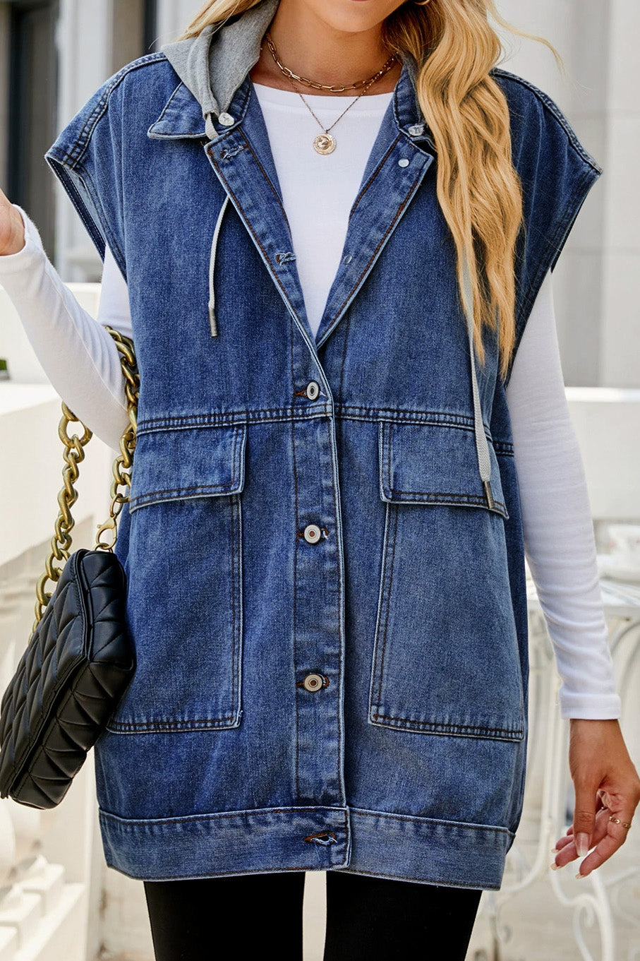 Vintage Denim Vest with Detachable Hood Lavish Daily