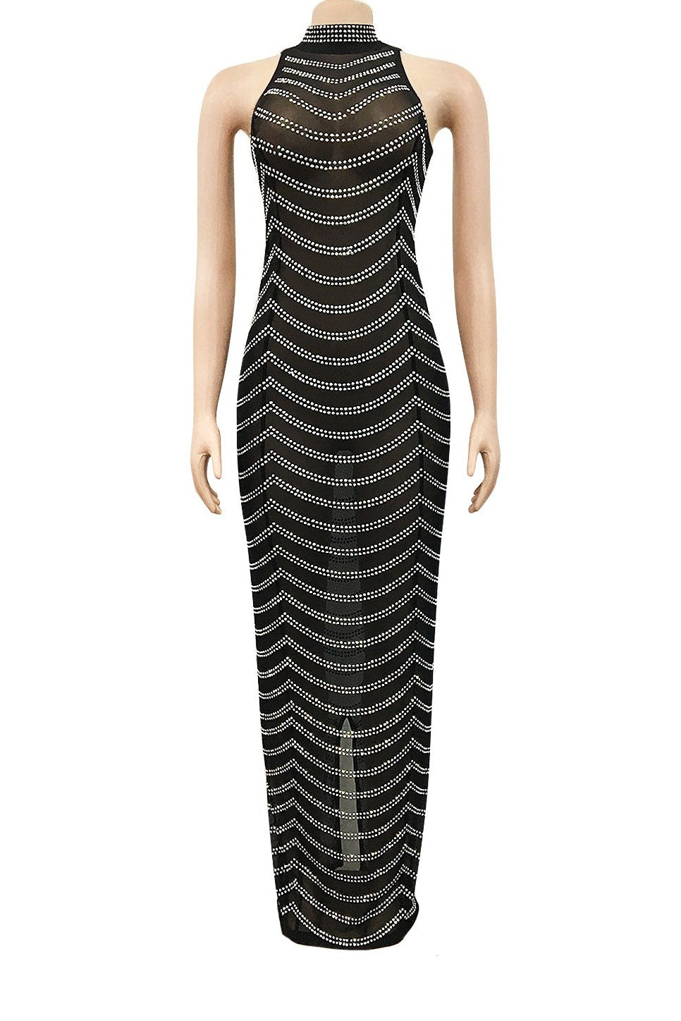 Rhinestone Halter Sheer Maxi Dress Lavish Daily